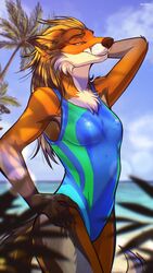  4_fingers 9:16 anthro artist_name beach blonde_hair breasts brown_body brown_fur canid canine cheek_tuft chest_tuft clothed clothing detailed_background digital_media_(artwork) facial_tuft female fingers fox fur hair half-closed_eyes hand_behind_head hand_on_hip hi_res long_hair mammal narrowed_eyes one-piece_swimsuit open_mouth orange_body orange_fur outside palm_tree plant reyna_(reynafox) sand seaside skiaskai sky smile solo standing swimwear tree tuft water white_body white_fur 