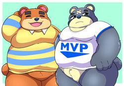  2020 absurd_res animal_crossing anthro bear brown_body brown_fur closed_eyes clothing curt_(animal_crossing) duo fur hi_res kemono kusosensei male mammal nintendo overweight overweight_male shirt teddy_(animal_crossing) text text_on_clothing text_on_shirt text_on_topwear topwear 