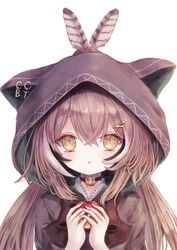  animal_hood brown_hair cat_hood female food fruit hair_ornament hairclip highres holding holding_food holding_fruit hololive hololive_english hood long_hair looking_at_viewer megts0331 nanashi_mumei solo upper_body virtual_youtuber yellow_eyes 