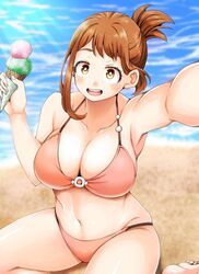  adahcm beach bikini boku_no_hero_academia breasts brown_eyes brown_hair cleavage day double_scoop female food holding holding_food holding_ice_cream ice_cream ice_cream_cone kneeling large_breasts looking_at_viewer medium_hair navel ocean open_mouth outdoors outstretched_arm pink_bikini sand short_ponytail sidelocks solo swimsuit uraraka_ochako waffle_cone water 