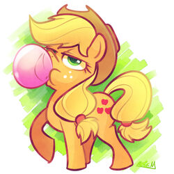  1:1 2014 applejack_(mlp) blonde_hair blowing_bubble_gum bubble bubble_gum candy clothing cutie_mark dessert earth_pony equid equine female feral food friendship_is_magic green_eyes gum hair hasbro hat headgear headwear horse inflating long_hair mammal my_little_pony pony signature solo vaporotem 