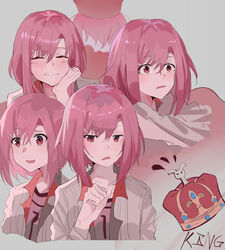  :o ai-chan_(pixiv29351299) closed_eyes commentary_request crown female grey_background hair_between_eyes hand_up koharu_yoshino medium_hair multiple_views pink_hair red_eyes sakura_quest smile 