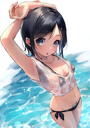  200f_(nifu) absurdres armpits arms_behind_head arms_up backlighting bikini black_bikini black_hair blue_eyes blush bob_cut breasts caustics cellphone charm_(object) collarbone crop_top day dolphin dripping female foreshortening from_above hair_ornament hairclip halterneck highres lens_flare looking_at_viewer medium_breasts navel object_in_clothes object_in_swimsuit open_mouth original outdoors parted_bangs phone see-through shiny_clothes shirt short_hair side-tie_bikini_bottom signature sleeveless smartphone solo standing string_bikini swimsuit tank_top wading water wet wet_clothes wet_shirt 