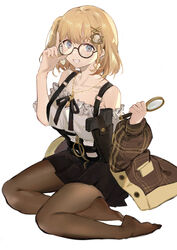  absurdres adjusting_eyewear bare_shoulders black-framed_eyewear black_skirt blonde_hair blue_eyes bob_cut brown_pantyhose casual collarbone commentary earrings female fingernails frilled_shirt frills full_body glasses gradient grin gun hair_ornament hairclip handgun heart heart_earrings highres holding holding_magnifying_glass hololive hololive_english holster holstered index_finger_raised jacket jewelry key key_necklace long_fingernails looking_at_viewer magnifying_glass medium_hair miniskirt monocle nail_polish necklace no_shoes off-shoulder_shirt off_shoulder official_alternate_hairstyle one_side_up pantyhose plaid pleated_skirt pointing pointing_up round_eyewear shirt short_hair shoulder_holster simple_background sitting skirt smile solo square_neckline symbol-only_commentary tsuiru virtual_youtuber watson_amelia watson_amelia_(street_casual) weapon white_background yellow_nails yokozuwari zipper zipper_pull_tab 