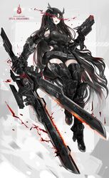  absurdres black_hair boots executioner_(girls&#039;_frontline) female full_body girls&#039;_frontline glowing glowing_eyes gun high_heel_boots high_heels highres hip_vent long_hair mechanical_arms mechanical_boots mechanical_sword multiple_weapons nslacka red_eyes sangvis_ferri single_mechanical_arm solo sword very_long_hair weapon 