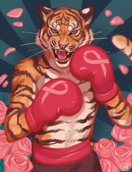  boxing_gloves breast_cancer_awareness cancer_(disease) clothing digital_media_(artwork) fangs felid flower handwear kaitycuddle looking_at_viewer male mammal open_mouth pantherine pink_nose plant shaded solo stripes teeth tiger tongue whiskers 