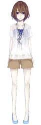  absurdres bad_id bad_pixiv_id blue_footwear brown_hair crimsonseed full_body highres jewelry looking_at_viewer necklace original purple_eyes short_hair shorts simple_background solo white_background 