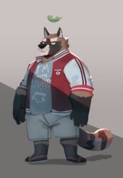  2019 anthro bottomwear canid canine clothing cyanroll humanoid_hands kuon_(cyanroll) leaf male mammal overweight overweight_anthro overweight_male raccoon_dog shirt shorts solo tanuki topwear 