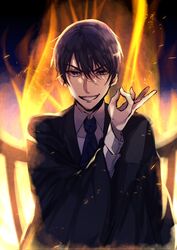  1boy akutoku_no_judgement_(vocaloid) backlighting blue_eyes blue_hair blue_necktie embers evil_grin evil_smile evillious_nendaiki fire gallerian_marlon grin highres judge kaito_(vocaloid) looking_at_viewer male_focus money_gesture necktie pale_skin robe short_hair smile solo vocaloid warabi_(danngo-mitarasi) 