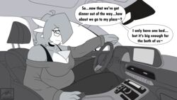  absurd_res big_breasts breasts car cleavage clothed clothing english_text eyewear female gardevoir generation_3_pokemon glasses hi_res humanoid inside_car jeffthehusky julia_caernarvon mature_female monochrome nintendo not_furry pokemon pokemon_(species) sitting slightly_chubby solo text vehicle 