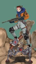  :o absurdres apex_legends blue_background boku_no_hero_academia bullet coat cosplay female full_body gloves goggles goggles_on_head gun hatsume_mei highres holding holding_gun holding_weapon jacket knee_pads orange_coat pink_hair robot sentinel_esr solo standing sugichanman symbol-shaped_pupils thigh_strap wattson_(apex_legends) wattson_(apex_legends)_(cosplay) weapon zipper 