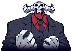  1boy barcode barcode_tattoo black_jacket black_necktie bolt_(hardware) buttons clenched_teeth collared_shirt colored_skin demon demon_boy exposed_muscle forehead_tattoo formal gloves hands_up helltaker hollow_eyes horns jacket long_sleeves male_focus necktie non-web_source official_art red_shirt red_skin shirt simple_background skull solo standing subject_67_(helltaker) suit tattoo teeth transparent_background upper_body vanripper white_gloves 