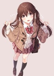  :d bag black_socks blush bow brown_background brown_eyes brown_footwear brown_hair brown_jacket cardigan collared_shirt commentary_request diagonal_stripes dress_shirt female fingernails hair_between_eyes hands_up highres holding holding_own_hair jacket kneehighs kukiha loafers long_hair long_sleeves looking_at_viewer notice_lines open_mouth original plaid plaid_skirt pleated_skirt red_bow red_skirt school_bag school_uniform shirt shoes simple_background skirt sleeves_past_wrists smile socks solo standing striped striped_bow twintails white_cardigan white_shirt 