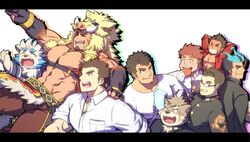  6+boys abs agyo_(housamo) animal_hood arms_behind_head bara bare_pectorals black_hair blue_fire blue_fur boar_boy boar_hood body_fur brown_eyes brown_fur brown_hair bulge chest_harness eating facial_hair fiery_horns fire forked_eyebrows fox_boy furry furry_male glasses goatee group_picture gullinbursti_(housamo) hair_slicked_back hand_on_another&#039;s_shoulder hanuman_(housamo) harness hood horns komainu_boy komainu_ears large_pectorals long_sideburns male_focus moritaka_(housamo) motoori_shiro multiple_boys muscular muscular_male navel nipples oerba_yun_fang orange_hair pectorals protagonist_3_(housamo) revealing_clothes sakimori_toji short_hair sideburns stubble takabushi_kengo thick_thighs thighs tokyo_afterschool_summoners topless_male two-tone_fur waku_(ayamix) white_background white_fur yakushimaru_ryota 