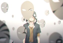  1boy arms_at_sides black_hoodie blonde_hair blue_pants blurry brown_shirt circle closed_mouth collarbone colored_eyelashes commentary_request cross-laced_clothes cross-laced_slit depth_of_field floating floating_object gradient_background grey_background hood hood_up hoodie jacket kagerou_project kano_shuuya layered_sleeves looking_at_viewer male_focus mask mekakucity_actors nekome3 open_clothes pants print_hoodie red_eyes serious shirt short_hair short_sleeves solo two-sided_hoodie two-tone_hoodie unworn_mask upper_body white_background white_hoodie yobanashi_deceive_(vocaloid) 