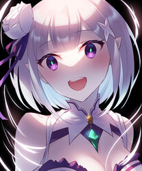  :d absurdres alternate_hair_length alternate_hairstyle bare_shoulders black_background breasts cleavage emilia_(re:zero) eyelashes female flower hair_flower hair_ornament hair_ribbon head_tilt highres looking_at_viewer medium_breasts medium_hair portrait purple_eyes purple_ribbon ransui re:zero_kara_hajimeru_isekai_seikatsu re:zero_kara_kasaneru_isekai_seikatsu ribbon smile solo white_flower white_hair x_hair_ornament 