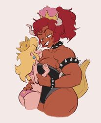  absurd_res animal_humanoid blonde_hair blush bowser bowsette_meme brown_body brown_skin clothing crown dark_body dark_skin duo ear_piercing ear_ring eye_contact female female/female hair hand_on_back headgear heart_symbol hi_res horn humanoid koopa_humanoid light_body light_skin looking_at_another mario_bros meme mtf_crossgender muscular muscular_female nintendo one-piece_swimsuit piercing princess_peach red_hair ring_piercing rule_63 scalie scalie_humanoid size_difference super_crown swimwear ze-plush 