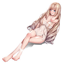  amanda_(artwhirl) arm_up artwhirl_mahou_gakuen_no_otome-tachi bare_legs bare_shoulders barefoot bathing blonde_hair blue_eyes blush breasts cleavage collarbone commentary_request covered_navel crossed_legs dutch_angle female hand_in_own_hair highres large_breasts legs long_hair mana_(remana) naked_towel official_art parted_lips photoshop_(medium) simple_background sitting smile soaking_feet solo toes towel very_long_hair water water_drop white_background 