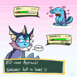  2007 attract being_watched blue_body bodily_fluids bow_tie confusion duo eeveelution english_text female feral gameplay_mechanics generation_1_pokemon generation_2_pokemon heart_symbol looking_at_another looking_back male nintendo pokemon pokemon_(species) pokemon_battle pokemon_move purple_eyes quagsire semi-anthro speech_bubble sweat text text_box vaporeon vaporotem 