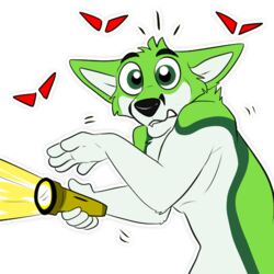  1:1 alpha_channel anthro black_nose canid canine creepy fidget_the_fox flashlight fox fur green_body green_eyes green_fur hair halloween holidays kwik_(artist) male mammal red_eyes scared simple_background solo telegram telegram_sticker white_body white_fur wide_eyed 