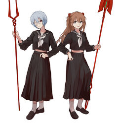  2girls ayanami_rei bangs black_footwear black_serafuku black_shirt black_skirt blue_eyes brown_hair collarbone collared_shirt dango_(uni_520) eyebrows_visible_through_hair eyepatch floating_hair full_body hair_between_eyes headgear highres holding holding_polearm holding_weapon lance_of_longinus long_hair long_skirt long_sleeves looking_at_viewer midriff multiple_girls neckerchief neon_genesis_evangelion open_mouth pleated_skirt polearm red_eyes sailor_collar sailor_shirt school_uniform serafuku shirt short_hair silver_hair simple_background skirt socks souryuu_asuka_langley spear_of_cassius standing stomach very_long_hair weapon white_background white_legwear white_neckerchief 