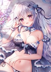  :d babydoll bare_arms bare_shoulders black_babydoll blush breasts cleavage commentary_request detached_collar female flower frills hair_ornament kyuketsuki-chan_(mitsuba_choco) large_breasts lingerie long_hair looking_at_viewer lowleg lowleg_panties lying mitsuba_choco navel oerba_yun_fang on_back open_mouth original panties red_eyes rose see-through side-tie_panties smile solo stomach strap_slip string_panties underwear underwear_only white_hair wrist_cuffs 