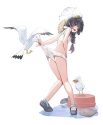  absurdres ahoge animal ass bare_legs bare_shoulders bikini bird black_footwear black_hair blue_archive blush braid commentary female from_behind full_body grey_halo hair_ornament halo hat highres hutosutoro leaf leaf_on_head leaf_print legs long_hair looking_at_viewer looking_back miyu_(blue_archive) miyu_(swimsuit)_(blue_archive) official_alternate_costume open_mouth print_bikini red_eyes sacabambaspis sandals simple_background solo standing straw_hat swimsuit twintails wedgie white_background white_bikini 