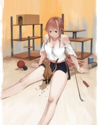  bare_legs bare_shoulders breasts cleavage closed_mouth collarbone danzir feline female highres indoors large_breasts looking_at_animal looking_down orange_background original red_eyes red_hair shadow short_hair short_shorts shorts sitting solo thighs 