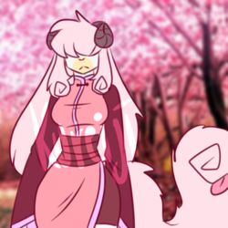  1:1 anthro asian_clothing bovid caprine cherry_blossom clothed clothing crazy_guy_(artist) east_asian_clothing female flower fluffy fluffy_tail goat hair hi_res horn japanese_clothing long_hair long_tail mammal monster_tail plant prunus_(flower) solo tail tongue white_body 