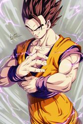  1boy bad_id bad_twitter_id black_eyes black_hair blue_shirt commentary_request dougi dragon_ball dragon_ball_z electricity grin looking_at_viewer male_focus muscular muscular_male orange_pants orange_shirt pants potential_unleashed sekitsuki_hayato shirt signature smile solo son_gohan spiked_hair standing 