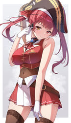  absurdres ascot belt border breasts brown_belt brown_thighhighs cleavage closed_mouth covered_navel cropped_vest eyepatch female floating_hair gloves gold_trim hand_up hat heterochromia highres holding_eyepatch hololive houshou_marine houshou_marine_(1st_costume) iroha_(unyun) large_breasts long_hair miniskirt pirate_hat pleated_skirt plume red_ascot red_eyes red_hair red_skirt see-through see-through_cleavage skirt smile solo thighhighs twintails unworn_eyepatch vest virtual_youtuber white_border white_gloves yellow_eyes zettai_ryouiki 