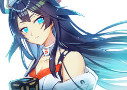  bare_shoulders blue_eyes blue_hair breasts cleavage dark_blue_hair eyeshadow female hair_ornament long_hair looking_at_viewer makeup otohime_(housamo) solo tokyo_afterschool_summoners upper_body waku_(ayamix) white_background 