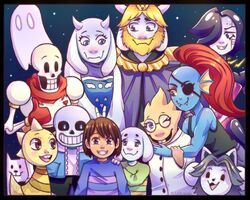  5:4 alphys android animated_skeleton annoying_dog_(undertale) anthro asgore_dreemurr asriel_dreemurr beard blonde_hair bone boss_monster_(undertale) bovid bunny_ears_(gesture) canid canine caprine clothed clothing facial_hair felid feline female fish frisk_(undertale) gesture ghost group hair horn human lizard long_ears machine mammal marine mettaton monster_kid naab_ascanio napstablook papyrus_(undertale) reptile robo robot sans_(undertale) scalie skeleton spirit tem temmie_(undertale) topwear toriel undead undertale undertale_(series) undyne white_body 