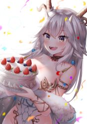  :d animal_ears armlet blue_nails blush bracelet breasts cake cleavage commentary confetti dutch_angle earrings english_commentary female food fruit fur_trim highres holding holding_plate horns jewelry keipup large_breasts leotard long_hair multiple_horns oerba_yun_fang plate purple_eyes skin_fang smile solo strapless strapless_leotard strawberry teeth thighhighs upper_body upper_teeth_only vei_(vtuber) vei_(vtuber)_(sky_empress) virtual_youtuber vshojo white_background white_hair white_leotard 