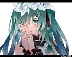  ahoge aqua_eyes aqua_hair bad_id bad_pixiv_id bless_you_(module) blush commentary female fingernails flower hair_between_eyes hair_flower hair_ornament hatsune_miku headphones highres kuu_1999 letterboxed long_fingernails looking_at_viewer own_hands_clasped own_hands_together portrait project_diva_(series) project_diva_f_2nd rose solo twintails twitter_username vocaloid white_background white_flower white_rose 