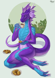  2022 anthro beverage cookie digital_media_(artwork) dragon female food hi_res maaia mythological_creature mythological_scalie mythology pastries scales scalie solo tail tea 