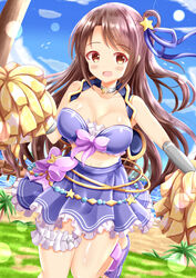  bare_shoulders beach bikini bikini_skirt blue_footwear blue_ribbon blue_skirt blue_sky bow bow_bikini breasts bridal_garter brown_eyes brown_hair cheerleader cleavage cloud commentary_request cosplay cropped_vest day female frilled_bikini frilled_skirt frills hair_ornament hair_ribbon hair_rings hatsune_(princess_connect!) hatsune_(princess_connect!)_(cosplay) hatsune_(summer)_(princess_connect!) highres holding holding_pom_poms idolmaster idolmaster_cinderella_girls lens_flare long_hair medium_breasts navel one_side_up oohashi_ayaka open_clothes open_mouth open_vest outdoors palm_tree parted_bangs pier pink_bow pleated_skirt pom_pom_(cheerleading) princess_connect! purple_bikini ribbon sandals shimamura_uzuki skirt sky solo standing standing_on_one_leg star_(symbol) star_hair_ornament sun swimsuit tree very_long_hair vest voice_actor_connection water xenon_(for_achieve) 