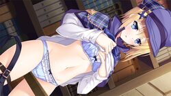  baseball_cap blonde_hair blue_bra blue_eyes blue_panties blush book bookshelf bow bow_bra bow_panties bra breasts camus_holmes capelet cleavage clothes_lift cowboy_shot crotch_rub dutch_angle female female_masturbation frilled_panties frills game_cg groin hair_between_eyes hat masturbation midriff navel open_mouth panties plaid_capelet purple_capelet purple_hat senkou_no_clarias shirt shirt_lift short_hair small_breasts solo standing stomach suzuhira_hiro sweatdrop table_humping underwear white_shirt 