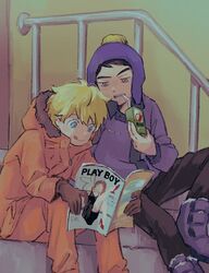  2boys blonde_hair blue_eyes chullo craig_tucker gloves hat highres holding holding_magazine juice_box kenny_mccormick magazine_(object) male_focus multiple_boys open_magazine pornography reading short_hair sitting south_park tongue tongue_out ume-bayashi 