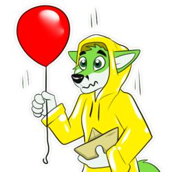  1:1 alpha_channel anthro balloon black_eyebrows black_nose canid canine canis clothed clothing coat creepy digital_media_(artwork) eyebrows fidget_the_fox fox fur georgie_denbrough green_body green_eyes green_fur hair halloween hat headgear headwear holding_balloon holding_object holidays inflatable it_(stephen_king) kwik_(artist) male mammal paper_boat paws pivoted_ears raincoat raining red_balloon scared shaking simple_background solo stephen_king_(copyright) telegram telegram_sticker topwear white_body white_fur wide_eyed yellow_raincoat 