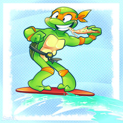  1:1 2013 2_toes 3_fingers anthro eating feet fingers food male mask michelangelo_(tmnt) pizza reptile scalie signature smile solo surfboard surfing teenage_mutant_ninja_turtles teeth toes turtle vaporotem water 