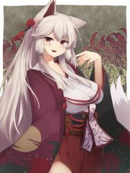  :d animal_ears breasts brown_eyes commentary_request female floral_background floral_print flower flower_knight_girl fox_ears fox_girl fox_tail grey_hair hair_ornament higanbana_(flower_knight_girl) highres japanese_clothes kimono long_hair looking_at_viewer moon_print name_connection obi object_namesake red_flower sash sidelocks smile solo spider_lily spider_lily_print tail very_long_hair yonaga_san 