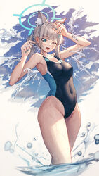  ;d absurdres animal_ear_fluff animal_ears arms_up bare_arms bare_shoulders black_one-piece_swimsuit blue_archive blue_eyes blue_nails blue_sky blush breasts competition_swimsuit covered_navel day extra_ears female fingernails grey_hair groin halo highres long_fingernails long_hair mazel_(mazel_star) medium_breasts nail_polish official_alternate_costume one-piece_swimsuit one_eye_closed open_mouth outdoors shiroko_(blue_archive) shiroko_(swimsuit)_(blue_archive) side_ponytail sky smile solo splashing swimsuit thighs wading water wolf_ears 