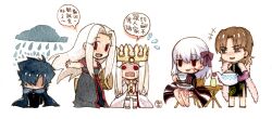  2boys 3girls black_hair brown_eyes brown_hair china_dress chinese_clothes chinese_text cloud_over_head commentary_request crown cup dark_persona dark_sakura dress emiya_kiritsugu fate/stay_night fate/zero fate_(series) feather_boa hair_ribbon illyasviel_von_einzbern illyasviel_von_einzbern_(dress_of_heaven) irisviel_von_einzbern kotomine_kirei long_hair matou_sakura multiple_boys multiple_girls painting_(medium) photoshop_(medium) rakuko red_eyes ribbon simplified_chinese_text tea traditional_media watercolor_(medium) white_hair 