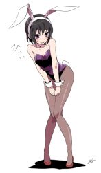  animal_ears bad_id bad_pixiv_id black_hair commentary_request female milcho original pantyhose playboy_bunny purple_eyes rabbit_ears rabbit_tail short_hair solo tail wrist_cuffs 