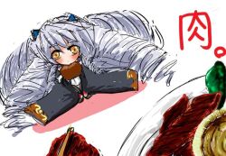  drill_hair eating female female food gray_hair grey_hair hair_ornament kyoukai_senjou_no_horizon kyoukaisenjou_no_horizon long_hair nate_mitotsudaira neito_mitotsudaira reed silver_hair solo very_long_hair 