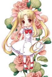  blonde_hair commentary_request fate_testarossa female flower hair_ribbon long_hair lyrical_nanoha mahou_shoujo_lyrical_nanoha mahou_shoujo_lyrical_nanoha_a&#039;s masaki3 puffy_sleeves red_eyes ribbon rose school_uniform smile solo thighhighs twintails very_long_hair white_background 