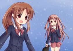  2girls achiga_school_uniform atarashi_ako blazer blush brown_hair commentary_request highres jacket long_hair multiple_girls parafox photoshop_(medium) ponytail ribbon saki_(manga) saki_achiga-hen school_uniform smile snow takakamo_shizuno winter_uniform 