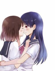  2girls aki-fuyu bad_id bad_pixiv_id blush brown_hair closed_eyes long_hair multiple_girls onjouji_toki saki_(manga) saki_achiga-hen school_uniform senriyama_school_uniform serafuku shimizudani_ryuuka short_hair short_sleeves yuri 