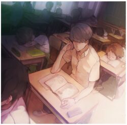  6+boys 6+girls ayaka0415 bag book brown_hair chalkboard classroom commentary_request grey_hair hanamura_yousuke headphones indoors jacket multiple_boys multiple_girls narukami_yuu pen persona persona_4 satonaka_chie school_uniform short_hair sleeping watch 